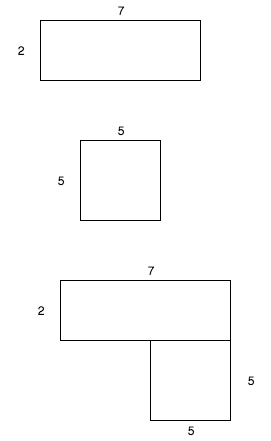 Three rectilinear shapes with some lengths labelled